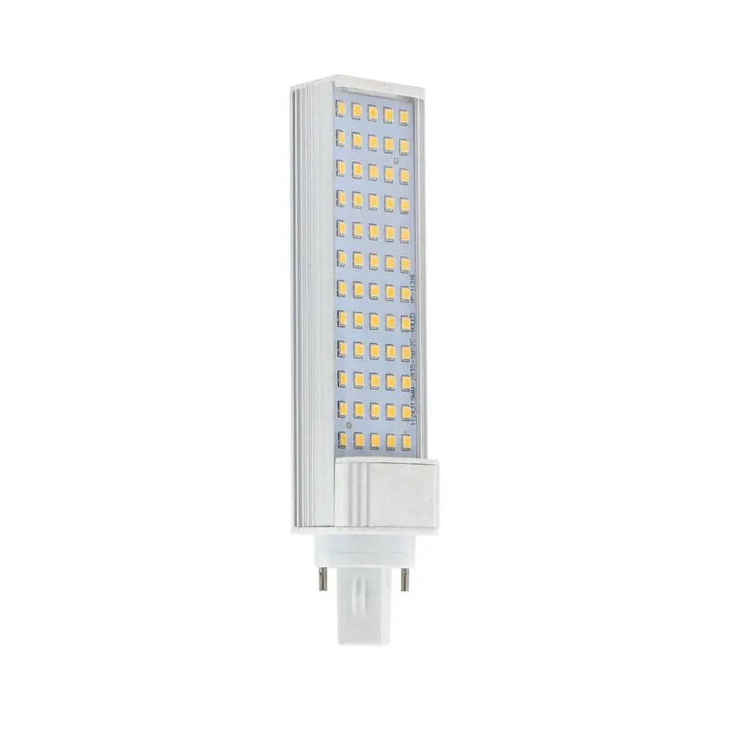 White LED light bulb with horizontal 2-pin base and grid of small yellow light-emitting diodes across front face, shown again