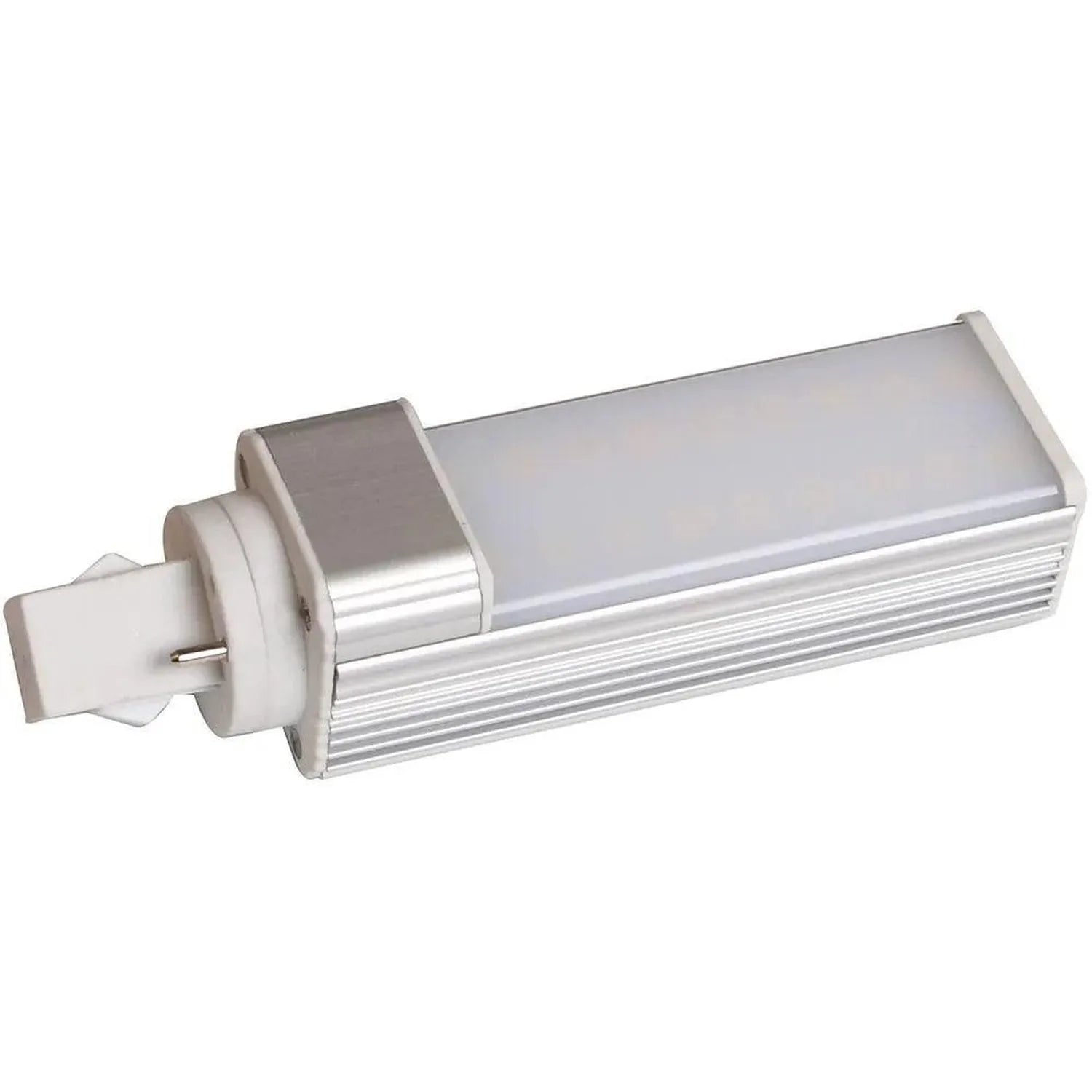 White LED plug-in bulb with two-pin connector and ribbed aluminum heat sink housing, shown against white background.
