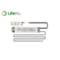 LiFePO4 emergency lighting kit components: battery, driver module, and power cables displayed separately.