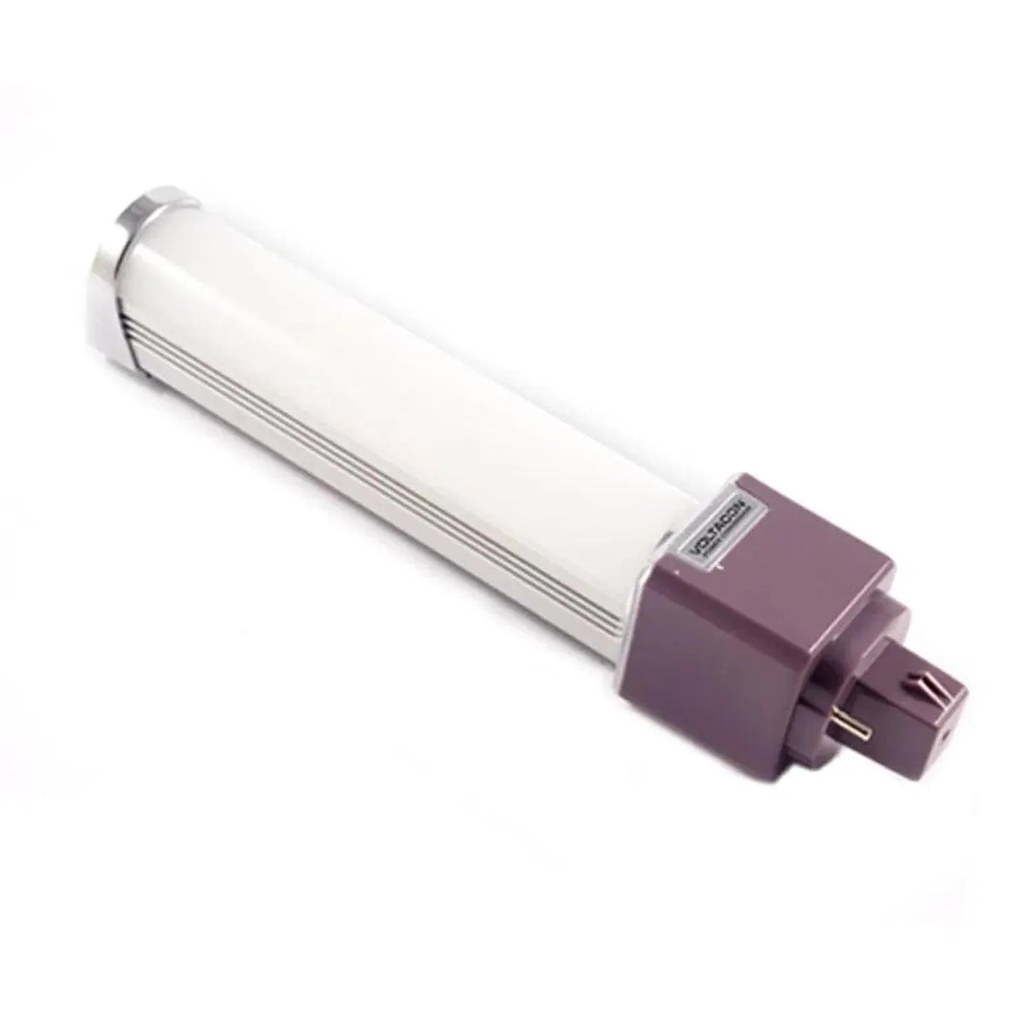 G24 LED bulb with white cylindrical tube and purple base connector, shown against white background.