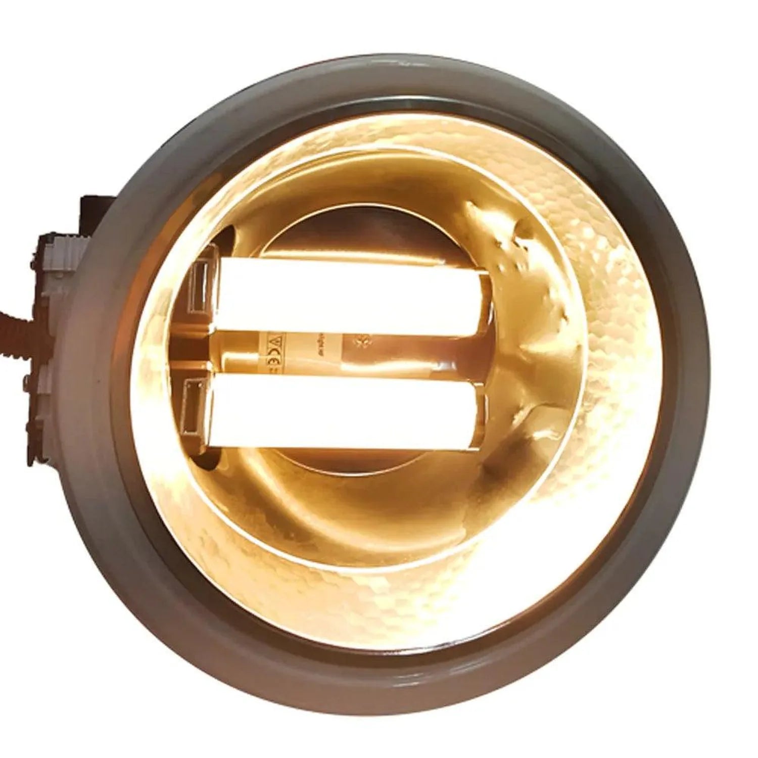G24 LED bulb with warm white glow installed in round fixture, showing gold interior and horizontal tube design, product shot 