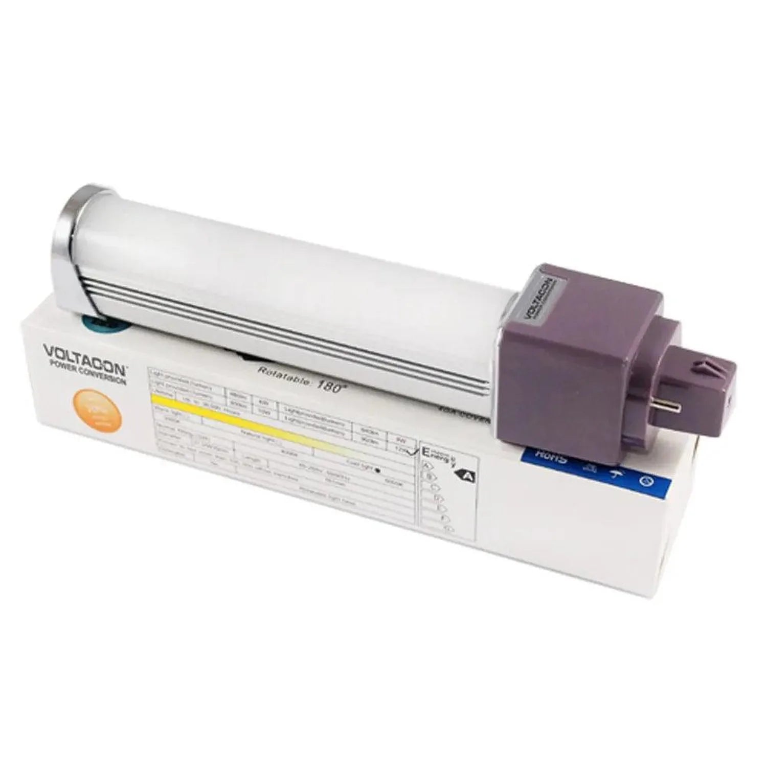Voltagon power conversion device with white cylindrical housing, purple control module, and specification label, product deta