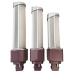 Three LED bulb units in descending sizes, each with vertical ribbed aluminum tops and burgundy base housings with 2-pin conne