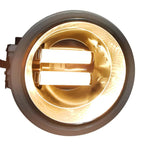 Front view of circular LED bulb fixture with warm white illuminated element and gold-toned reflector housing, shown without p