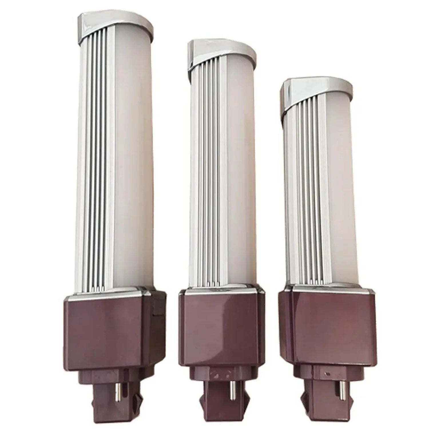 Three LED PL G24 bulbs in descending sizes, each with a white ribbed upper tube and burgundy base with four pins.