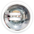 LED PL bulb with 4-pin base mounted in white recessed fixture, showing two horizontal fluorescent-style tubes inside reflecti