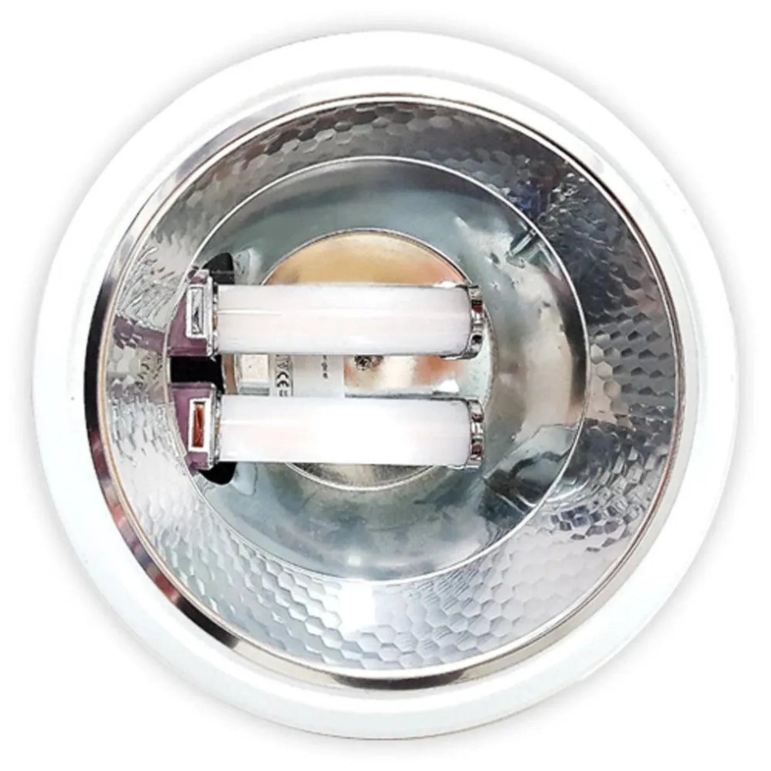 LED PL bulb with 4-pin base mounted in white recessed fixture, showing two horizontal fluorescent-style tubes inside reflecti