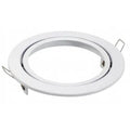 White round gimbal housing for recessed lighting with adjustable inner ring and mounting brackets, product shot on white back