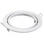 White round gimbal housing for recessed lighting with adjustable inner ring and mounting brackets, product shot on white back