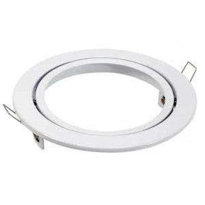 White round gimbal housing for recessed lighting with adjustable inner ring and mounting brackets, product shot on white back