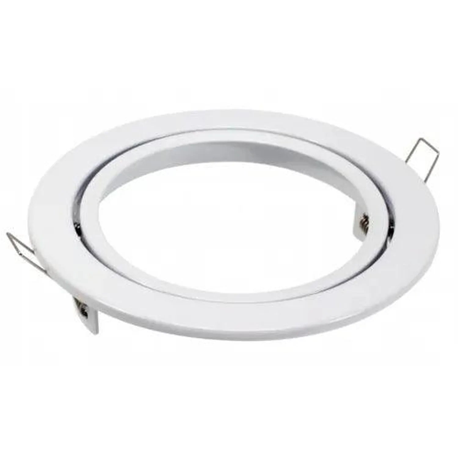 White round gimbal housing for recessed lighting with adjustable inner ring and mounting brackets, product shot on white back