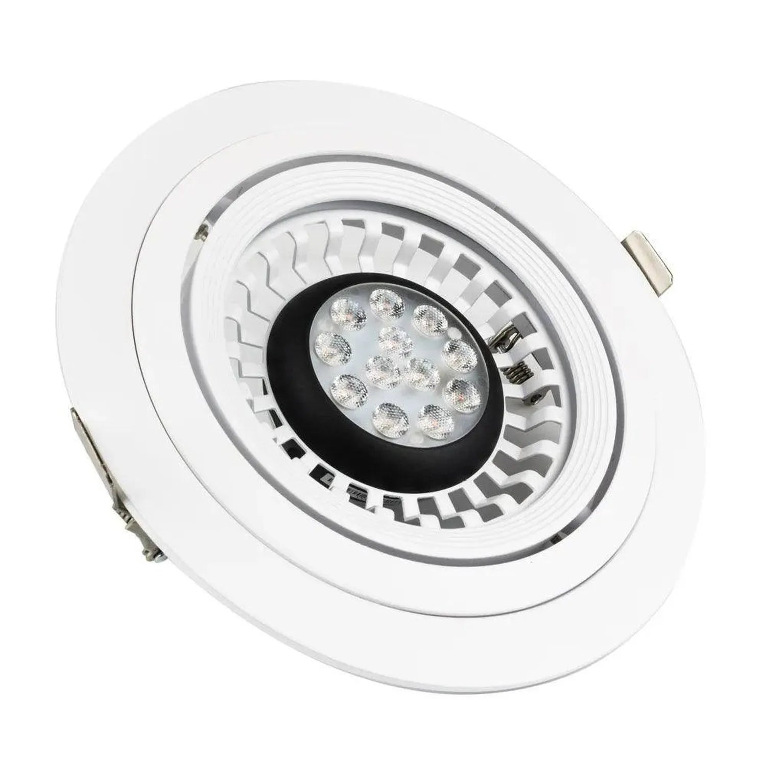 White circular LED gimbal downlight with adjustable black spotlight head containing multiple white LEDs, viewed from above.