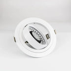 White round LED gimbal recessed light fixture with adjustable black and silver spotlight head, shown against white background