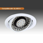 White recessed circular LED gimbal spotlight with adjustable gray trim ring and visible LED array, compatible with GL-AR111.