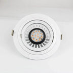 White circular LED recessed downlight with black gimbal and warm white LED bulb visible, shown against white background.