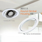 AR111 Round Gimbal Housing Kit in white, showing installed ceiling fixture and separate housing component with part number CE