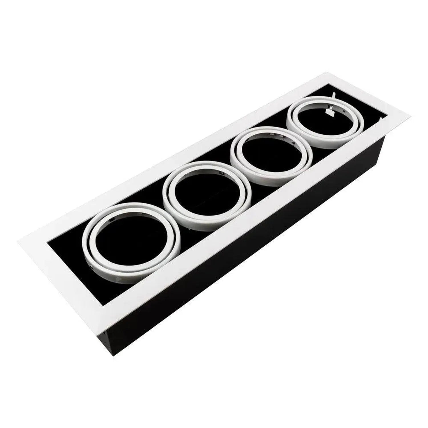 White recessed quadruple gimbal lighting housing with four circular metallic bezels arranged in a row, shown as an installati