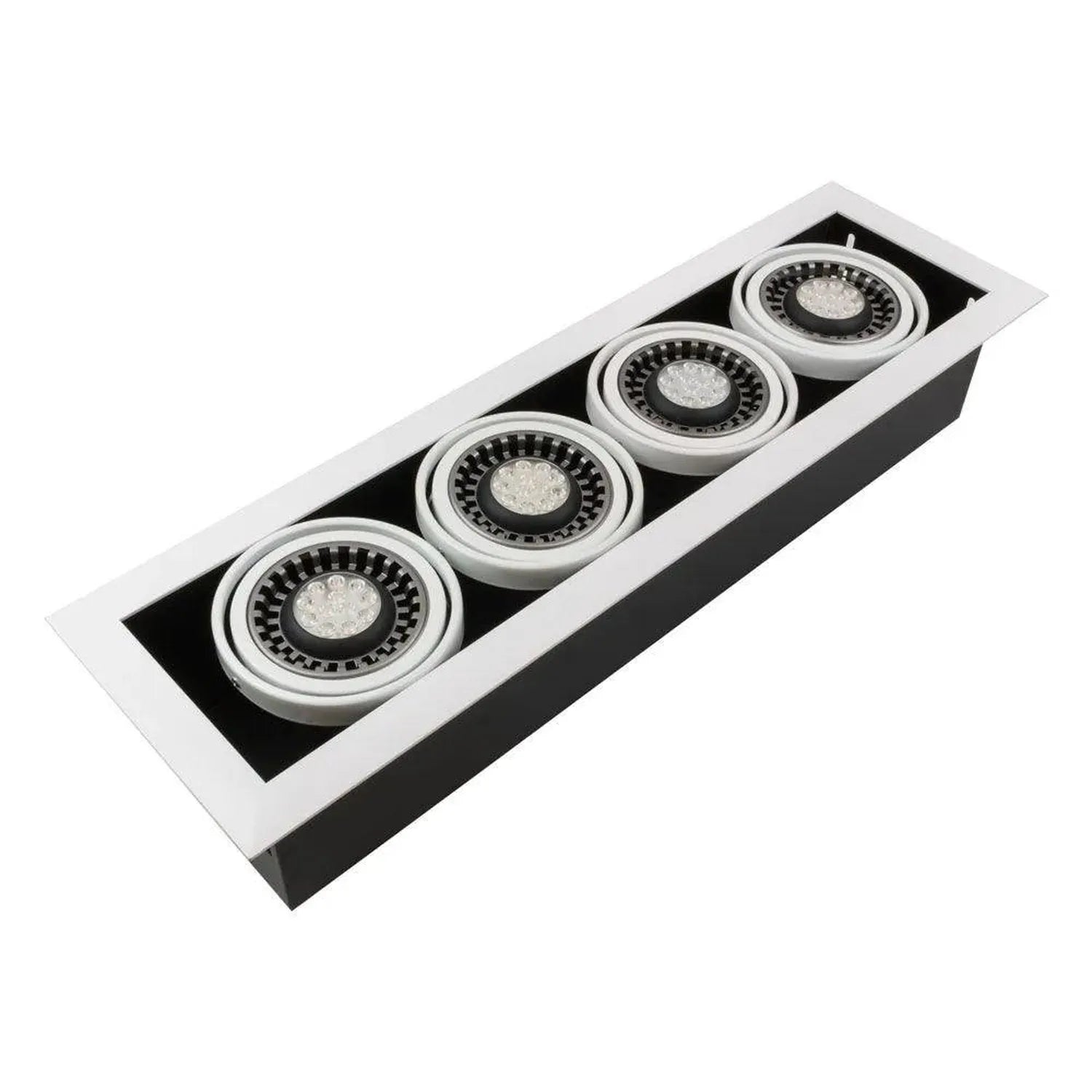 Four white LED spotlights in black recessed rectangular fixture, angled perspective view