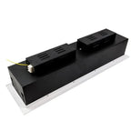 Black LED recessed fixture with white trim ring and yellow wiring, shown installed in white mounting base, angled view.