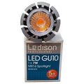 Ledison Professional LED GU10 7W spotlight with warm orange glow, shown with product packaging displaying MR16 retrofit detai