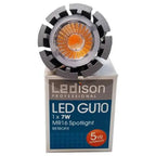 Ledison Professional LED GU10 7W spotlight with warm orange glow, shown with product packaging displaying MR16 retrofit detai