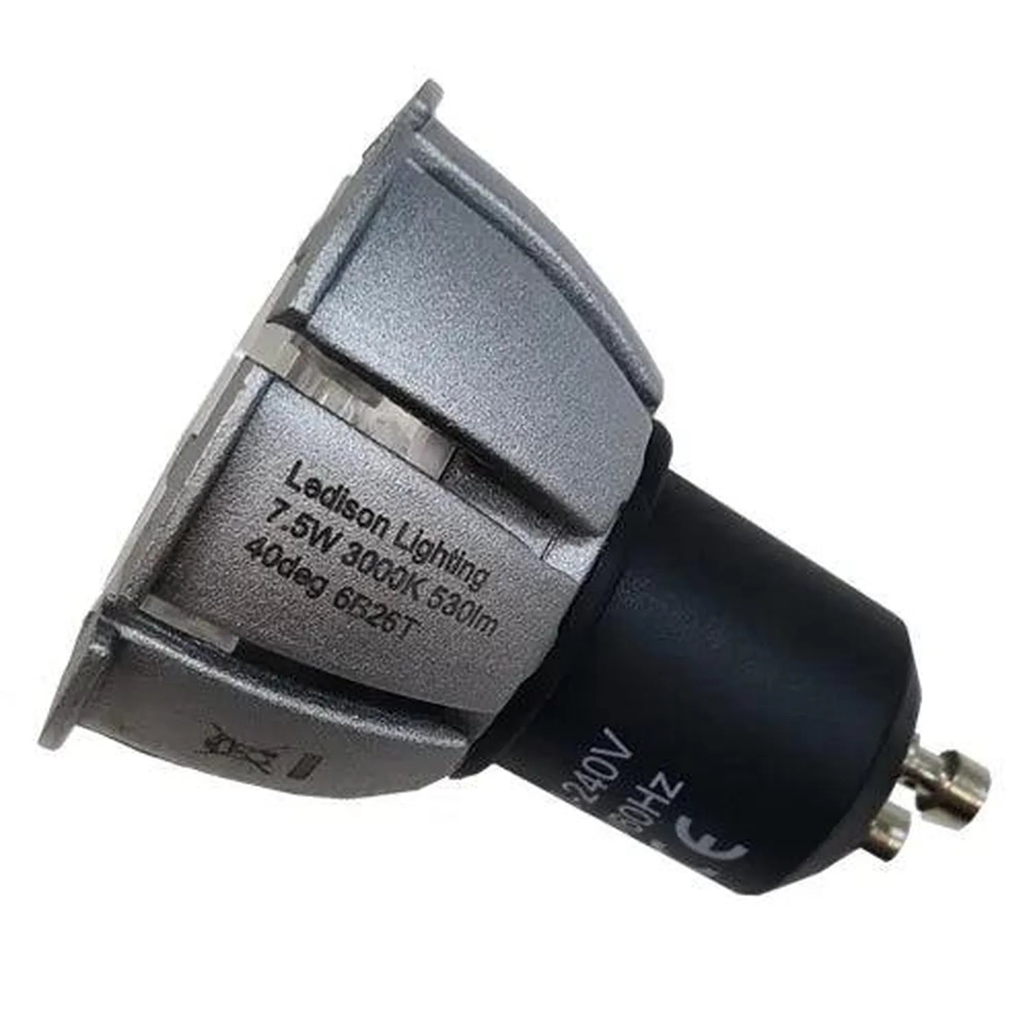 Ledison LED spot light with GU10 base, showing gray reflector housing and black connector, product detail shot.