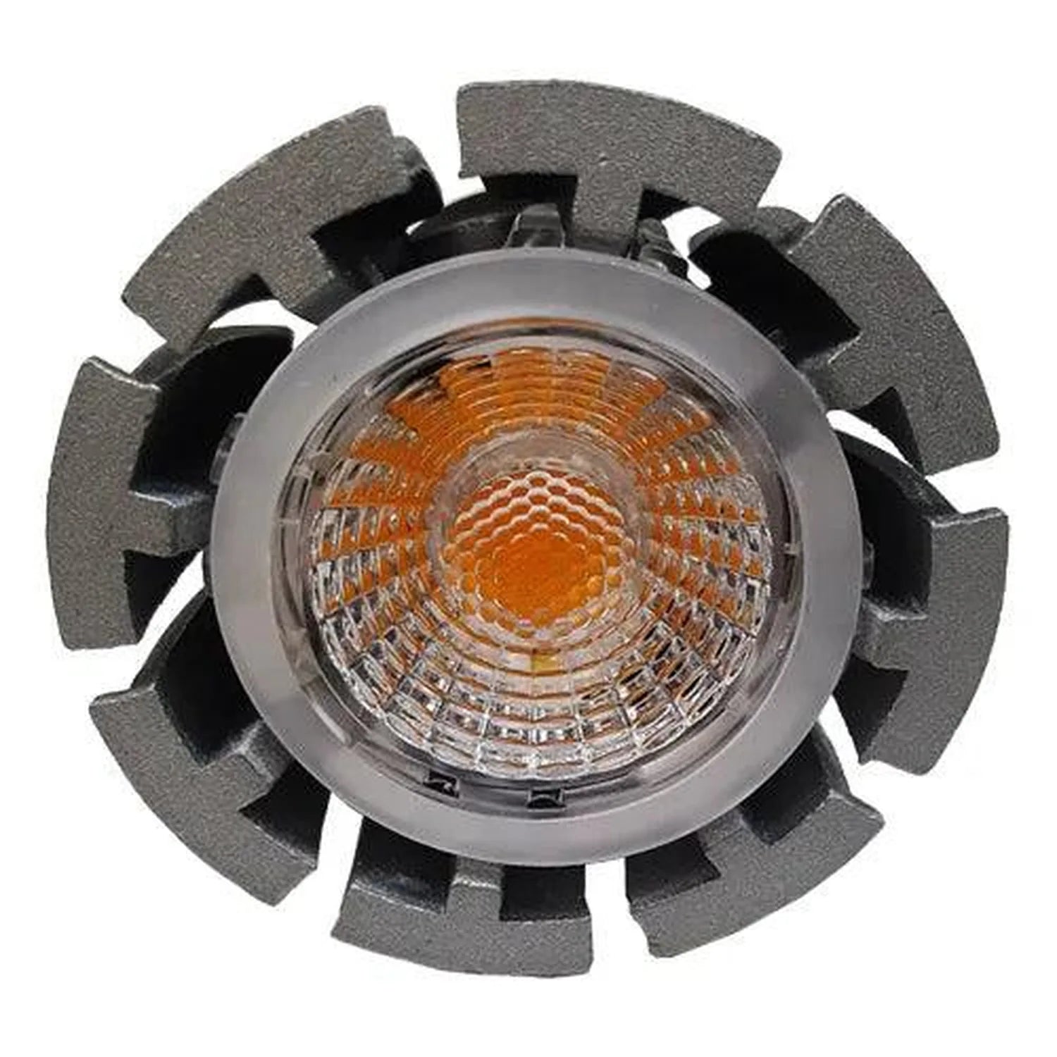 Top-down view of a round GU10 LED spot light with gray trim ring and orange-tinted LED visible through clear lens, surrounded