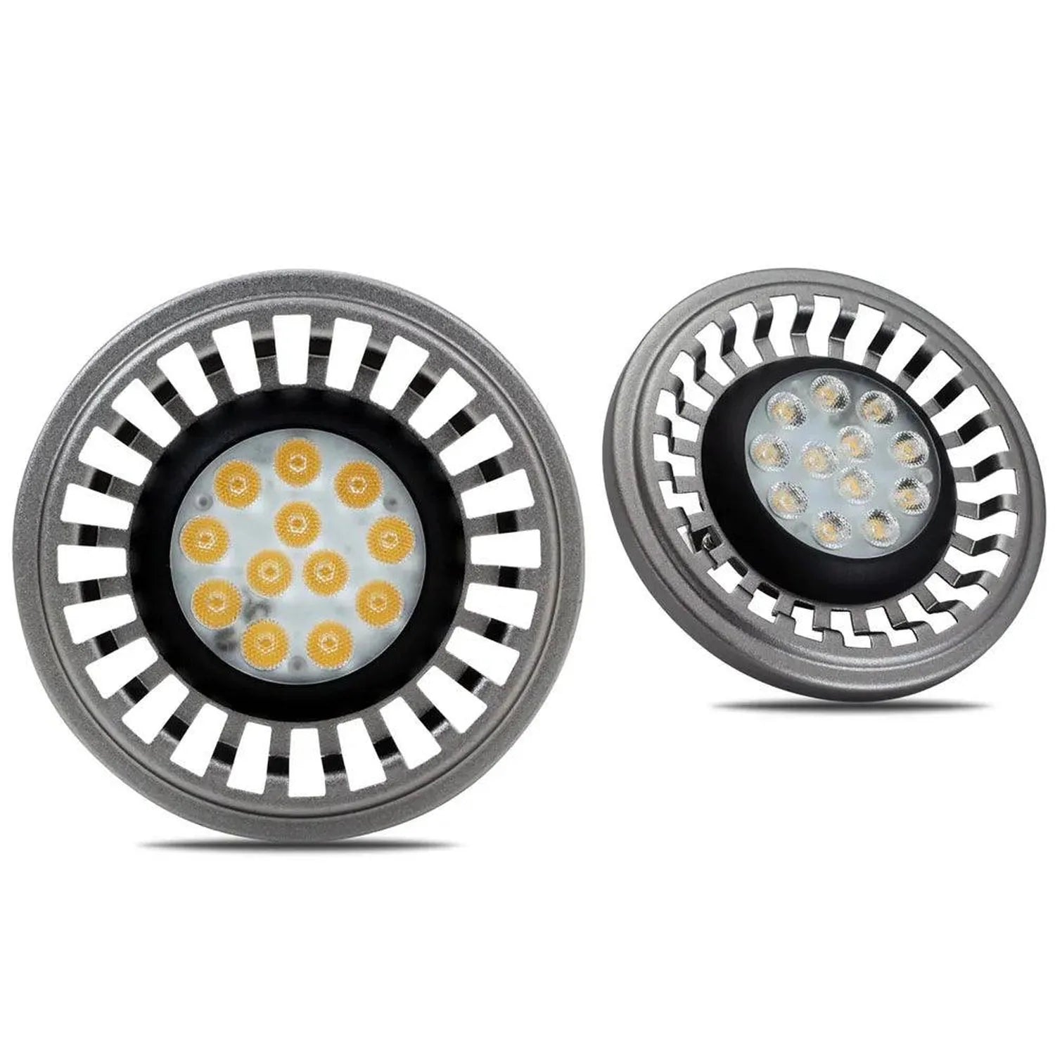 Two LED AR111 spot light bulbs shown front and side view, displaying warm white LED arrays and ribbed aluminum heat sink hous