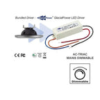 GlacialPower LED driver with AC-TRIAC mains dimmable control connected to AR111 spot light fixture, showing blue, red, and bl