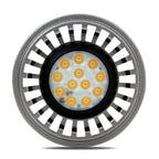 LED AR111 spot light bulb with gray bezel, black trim ring, and 12 warm white diodes visible on the front.