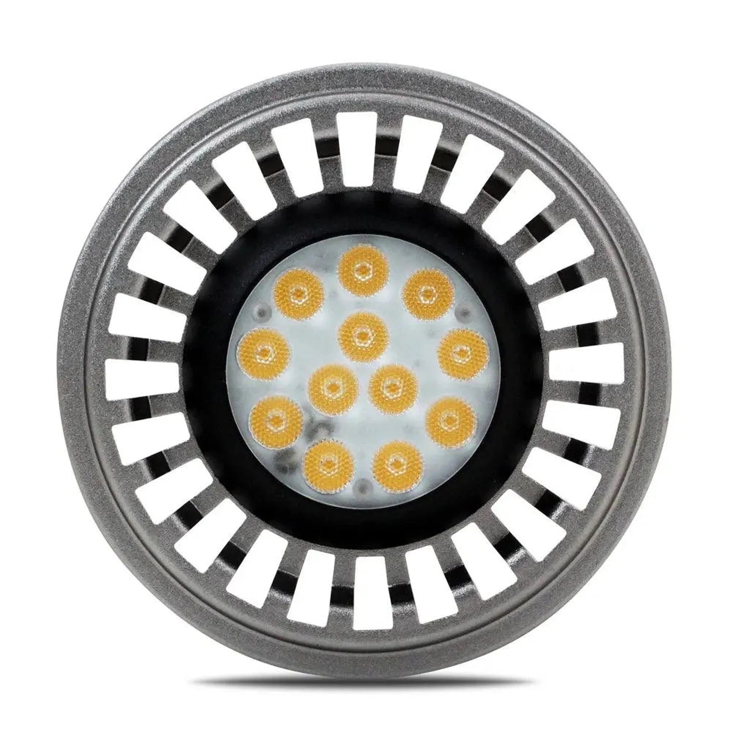 LED AR111 spot light bulb with gray bezel, black trim ring, and 12 warm white diodes visible on the front.