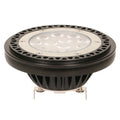 LED spot light bulb with black heat sink base, cream-colored trim ring, and white diffused lens, shown isolated against white