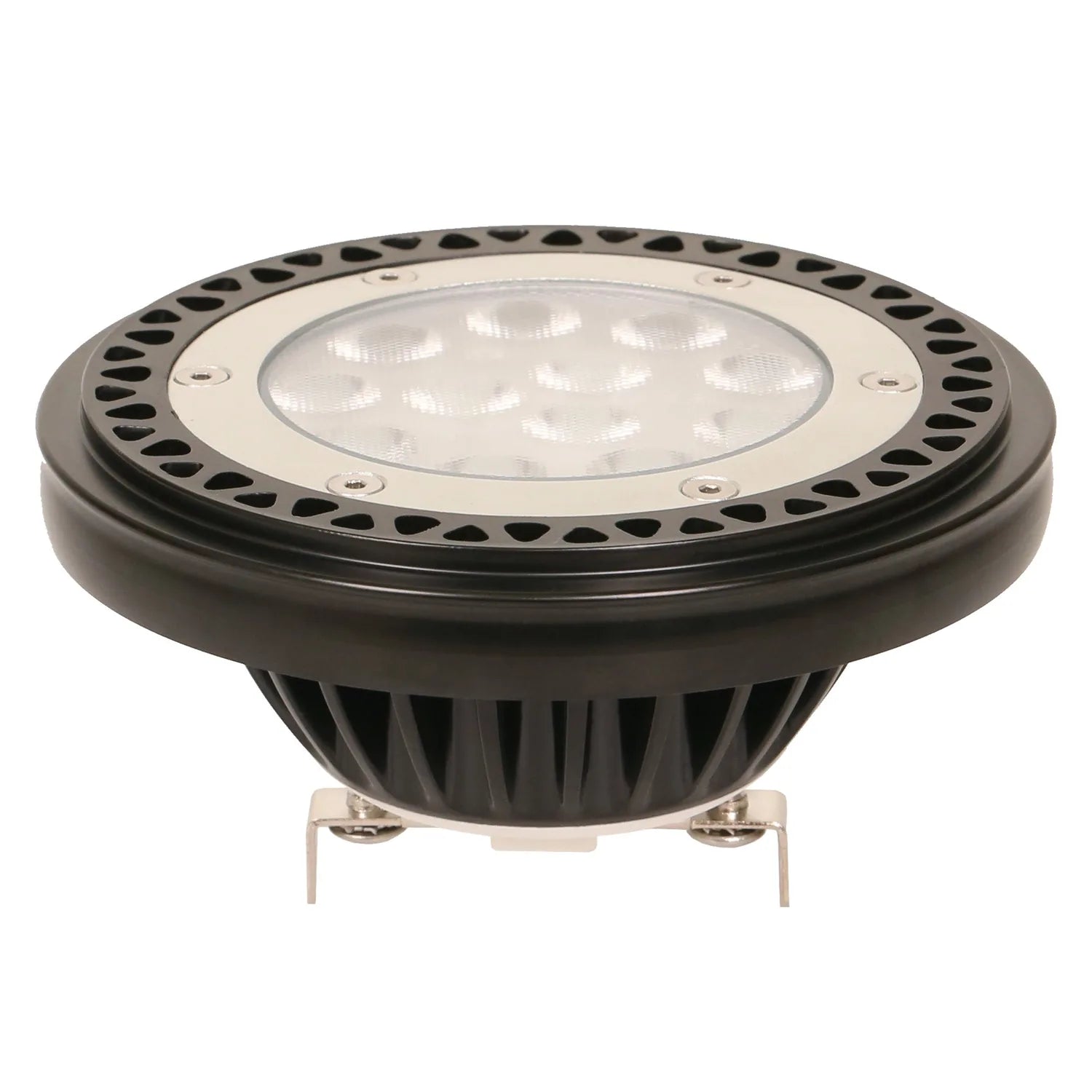 LED spot light bulb with black heat sink base, cream-colored trim ring, and white diffused lens, shown isolated against white