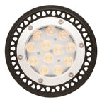 Round LED spot light bulb with white housing, black decorative outer ring, and warm amber LED elements visible through clear 