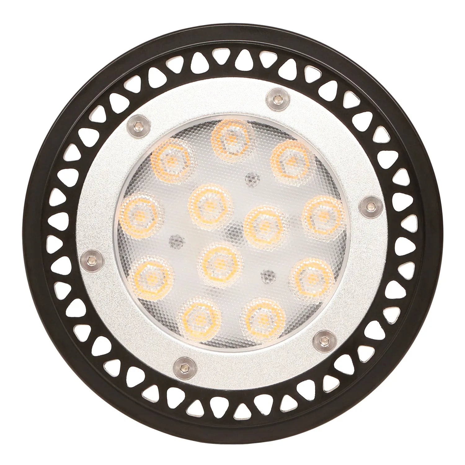 Round LED spot light bulb with white housing, black decorative outer ring, and warm amber LED elements visible through clear 