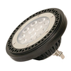 Black AR111 LED spotlight with white center ring and visible heat sink fins, shown at angle against white background.
