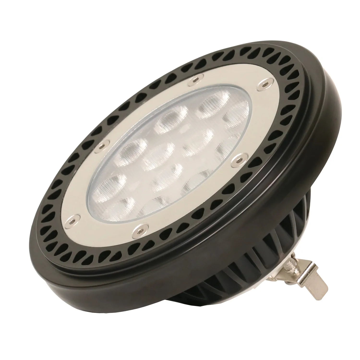 Black AR111 LED spotlight with white center ring and visible heat sink fins, shown at angle against white background.