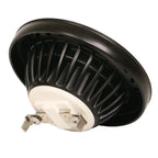 Black AR111 LED spot light bulb with ribbed reflector and white base connector, shown as product alone against white backgrou