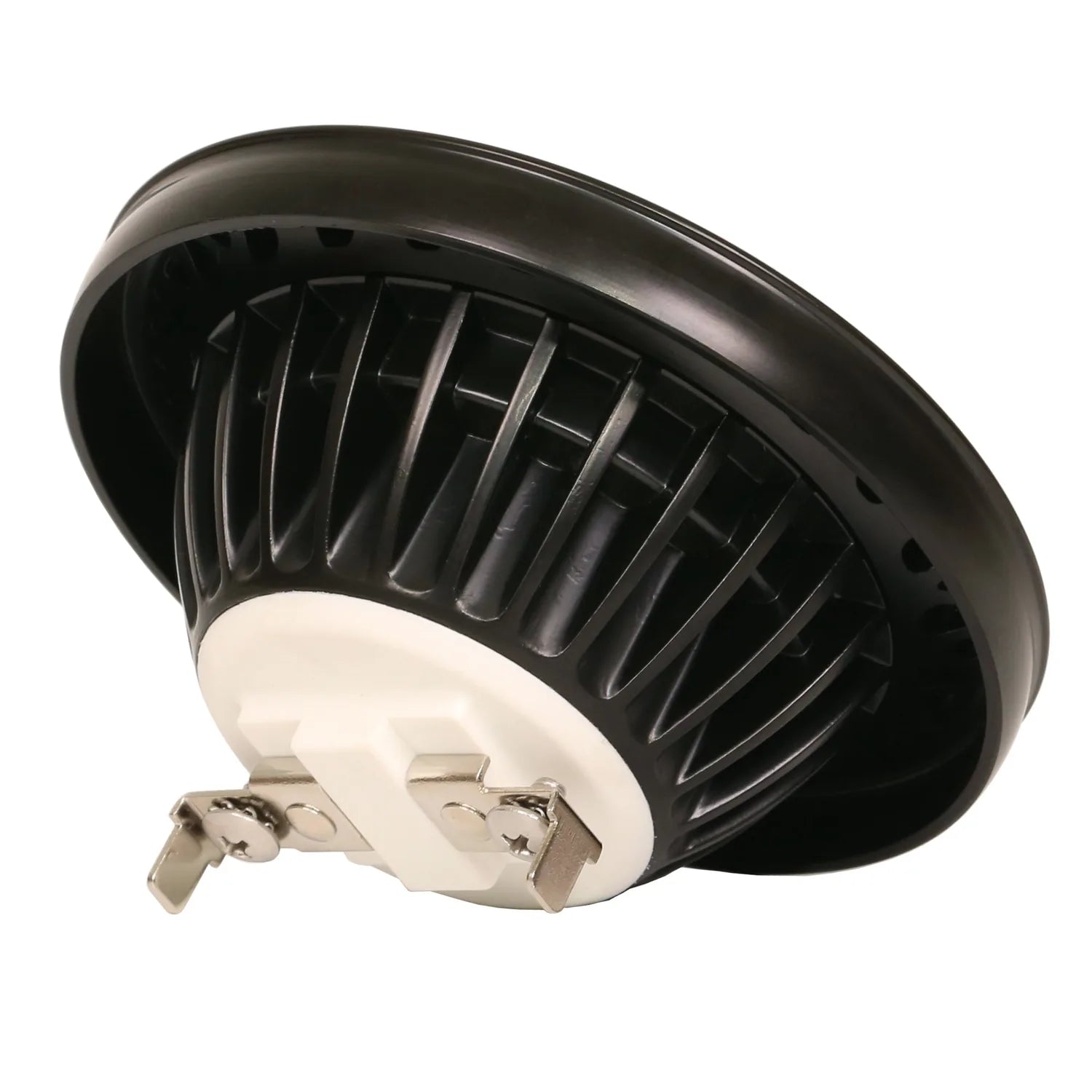 Black AR111 LED spot light bulb with ribbed reflector and white base connector, shown as product alone against white backgrou