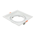White square recessed ceiling light fixture with gimbal ring and orange adjustment handles, shown against white background.