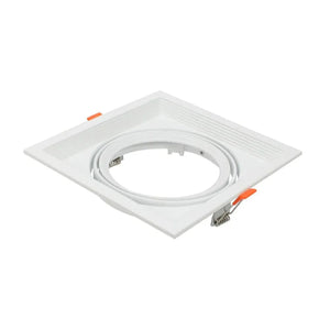 White square recessed ceiling light fixture with gimbal ring and orange adjustment handles, shown against white background.