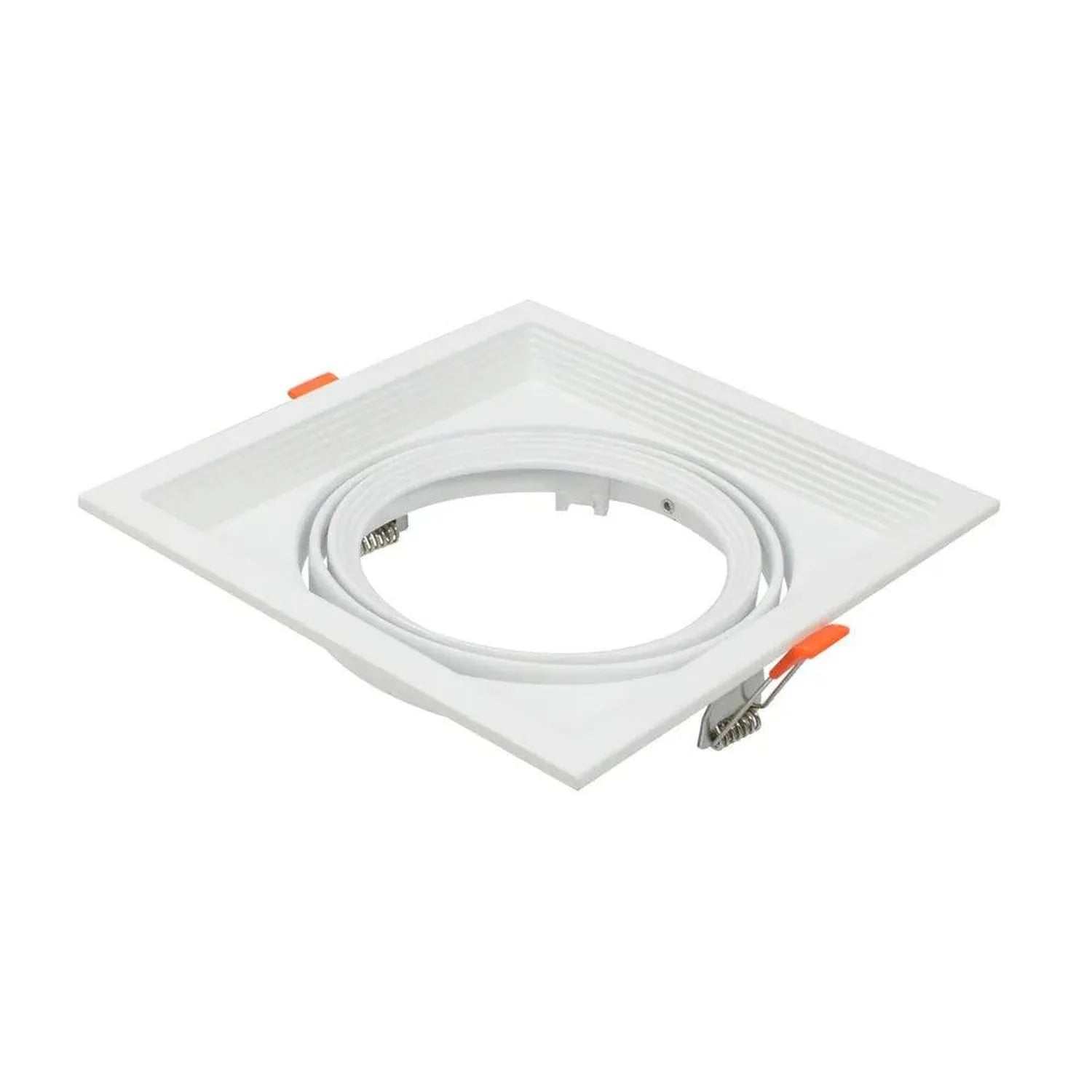 White square recessed ceiling light fixture with gimbal ring and orange adjustment handles, shown against white background.