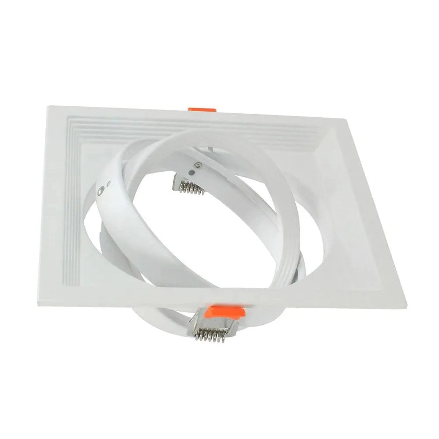 White rectangular recessed light fixture housing with adjustable gimbal ring and spring clips, isolated on white background.