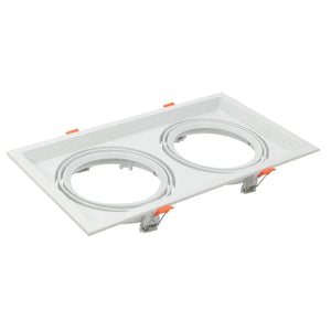 White rectangular recessed ceiling light fixture with two oval openings and orange adjustment tabs, product shot on white bac