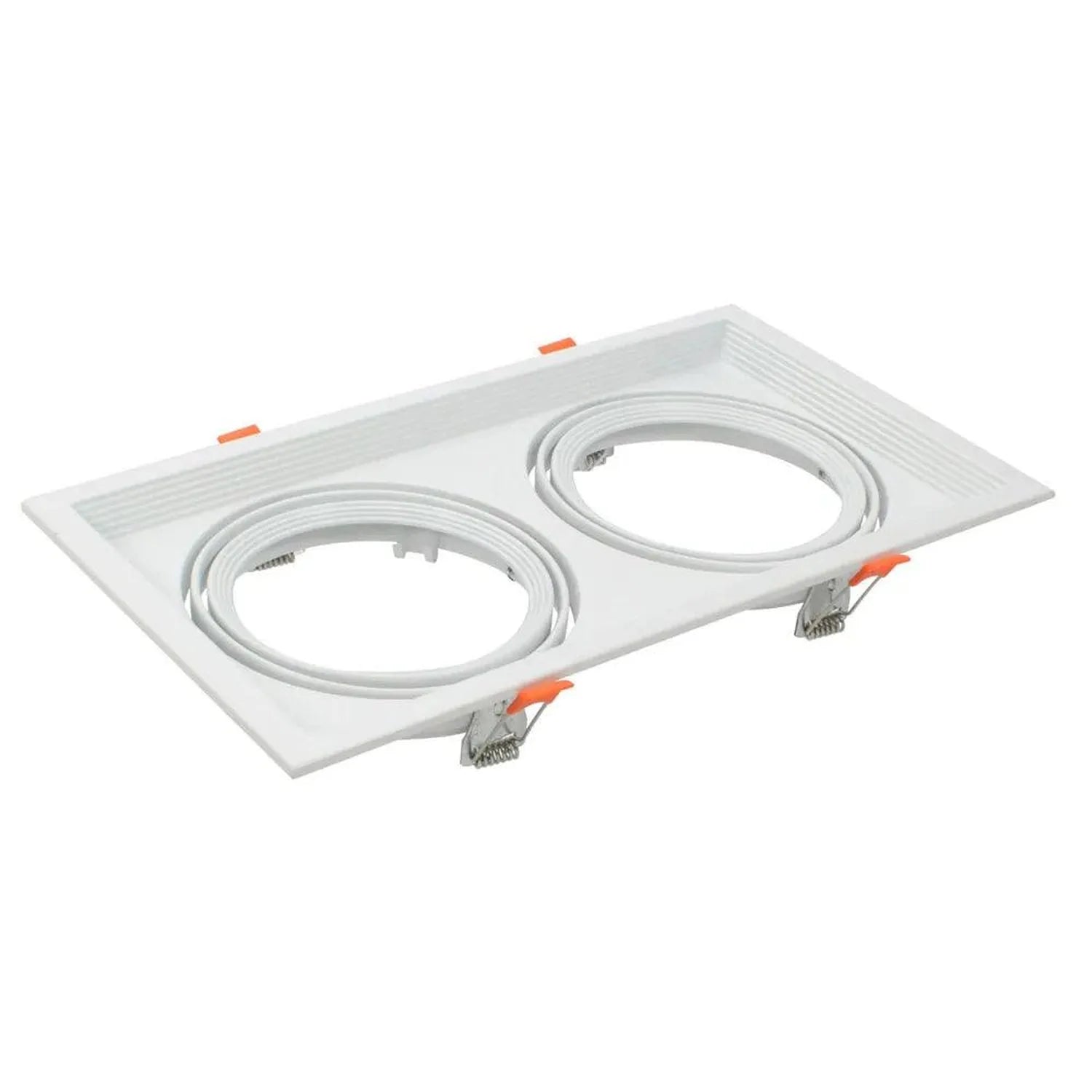White rectangular recessed ceiling light fixture with two oval openings and orange adjustment tabs, product shot on white bac