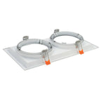White dual recessed light fixture housing with adjustable ring trim and orange spring clips on rectangular base plate, produc