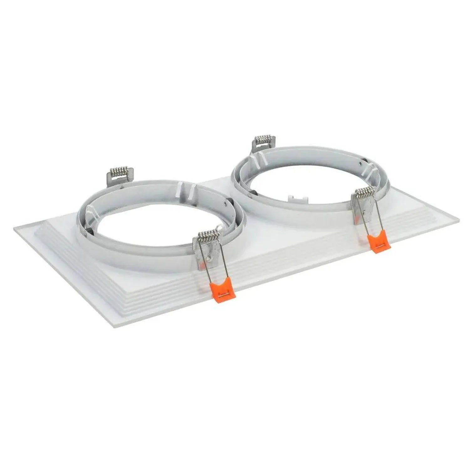 White dual recessed light fixture housing with adjustable ring trim and orange spring clips on rectangular base plate, produc