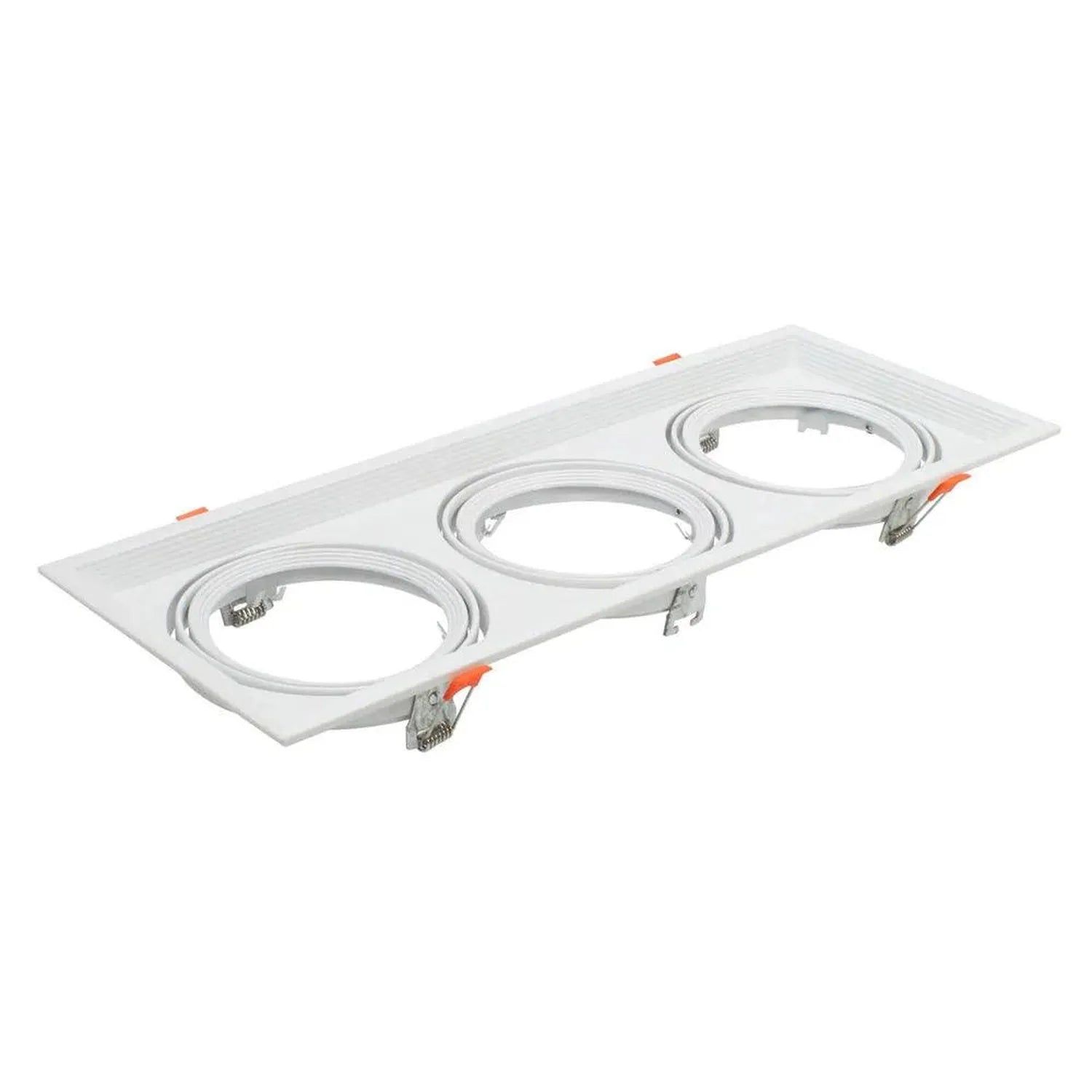 White rectangular triple recessed light fixture with three circular gimbal housings and orange adjustment clips, product shot