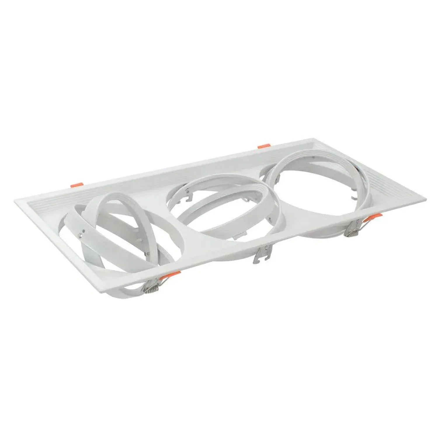 White recessed triple gimbal housing with orange adjustment tabs and spring clips, shown from above at an angle.