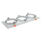 Triple AR111 recessed light fixture housing with white trim rings and orange spring clips mounted on rectangular base plate, 